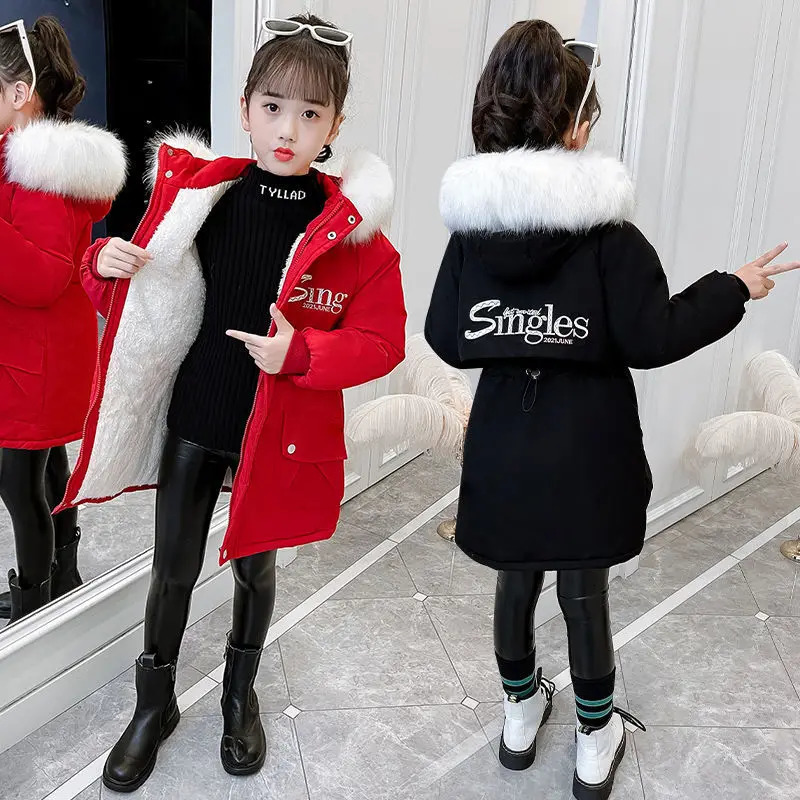 Down Coat Girls Cotton Padded Jacket Overcame The Middle Length Heavy Winter for Child Plush Thicken Parkas Kid Hooded Outerwear 231016