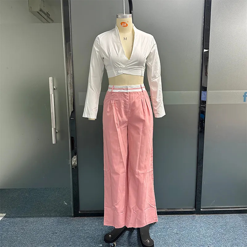 Women s Tracksuits Waytobele Women Two Piece Set Fashion Solid Long Sleeve Lapel V Neck High Single Button Short Top Loose With Pockets Pants Sets 231