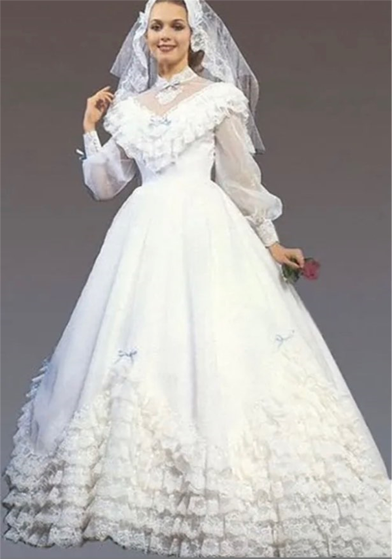 Vintage Victorian Wedding Dress Tiered Ruffles A-Line Medieval Bridal Gowns High Neck Long Sleeves Princess Bride Dresses 2024