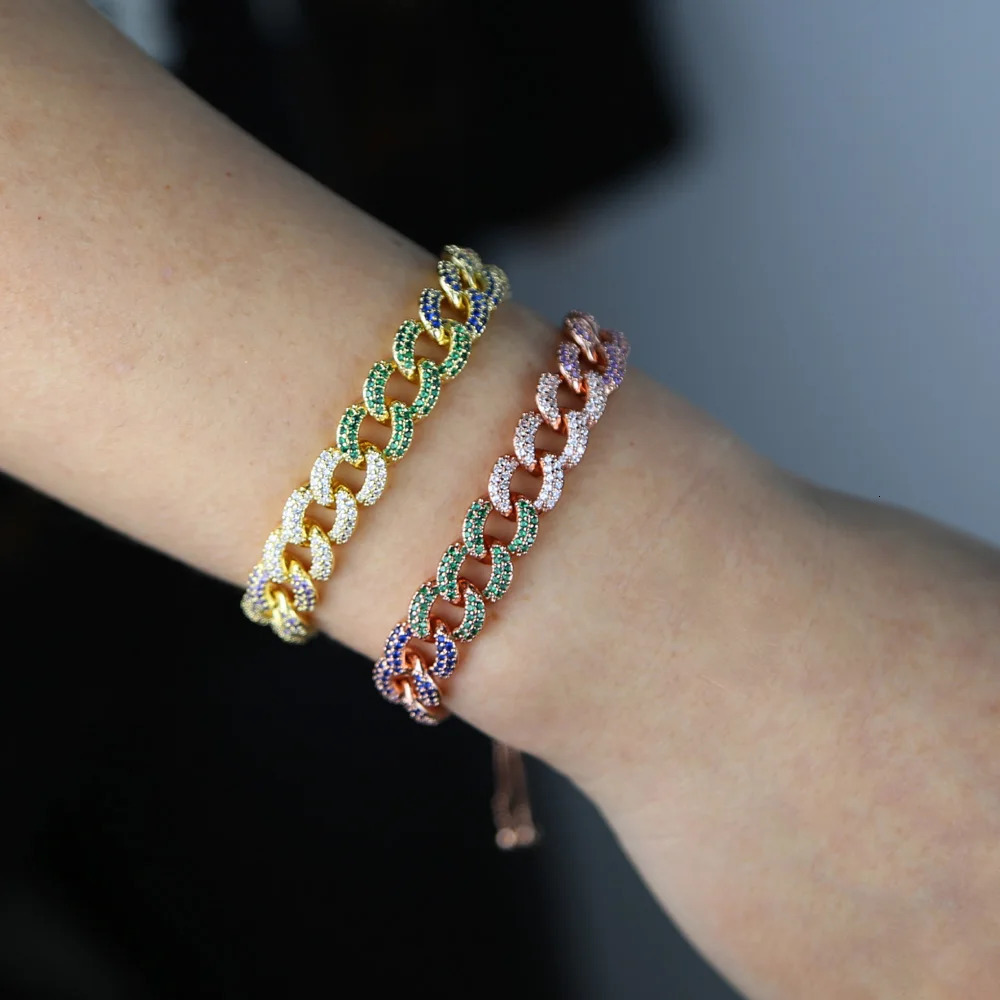 Chain Adjust slider box chain gold rose 2 color micro pave rainbow cz Miami cuban link women bracelet fashion 231016