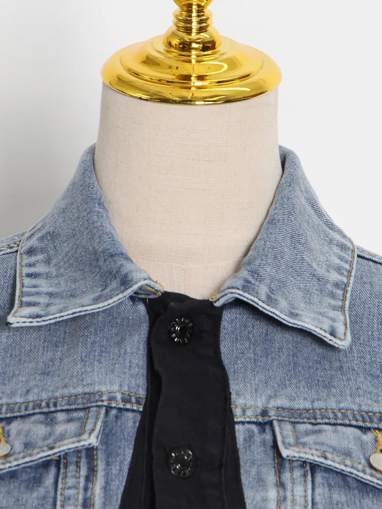 Women s Jackets TWOTWINSTYLE Patchwork Denim Colorblock Jacket Women Lapel Collar Long Sleeve Casual Coats Tops Female Clothing Korean Fashion 231016