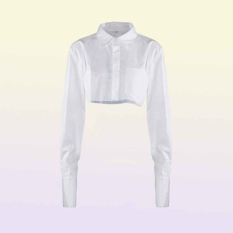 Women039s Blouses Shirts White Croped Tops Women Turndown Collar Long Sleeve Short Shirt Cotton Pocket Design Single Breaste1758564