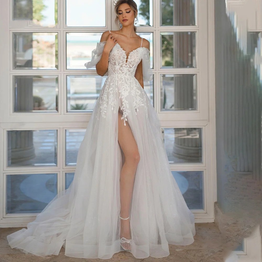 Sweetheart Lace Appliques Wedding Dress For Women Custom Made Side Slit Bridal Gowns Sweep De Mariee Train Robe