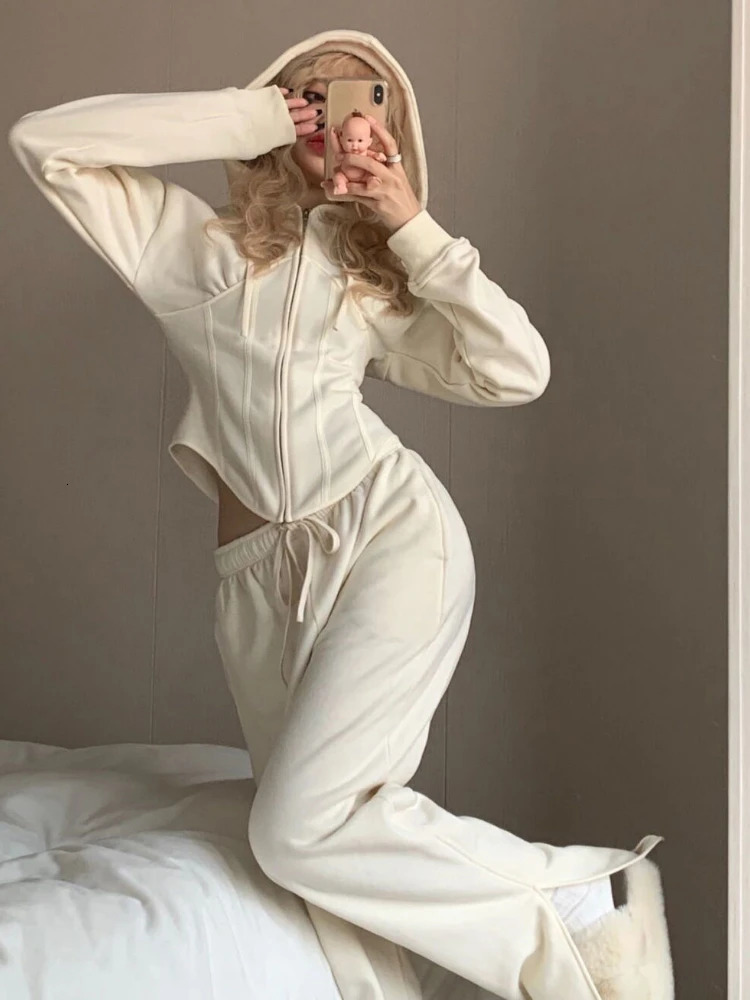 Women's Two Piece Pants Solid Hoodies Set Women Fall Casual Clothes Long Sleeve Hooded Top Trousers Matching Suit Spring Female Zipper Sportswear