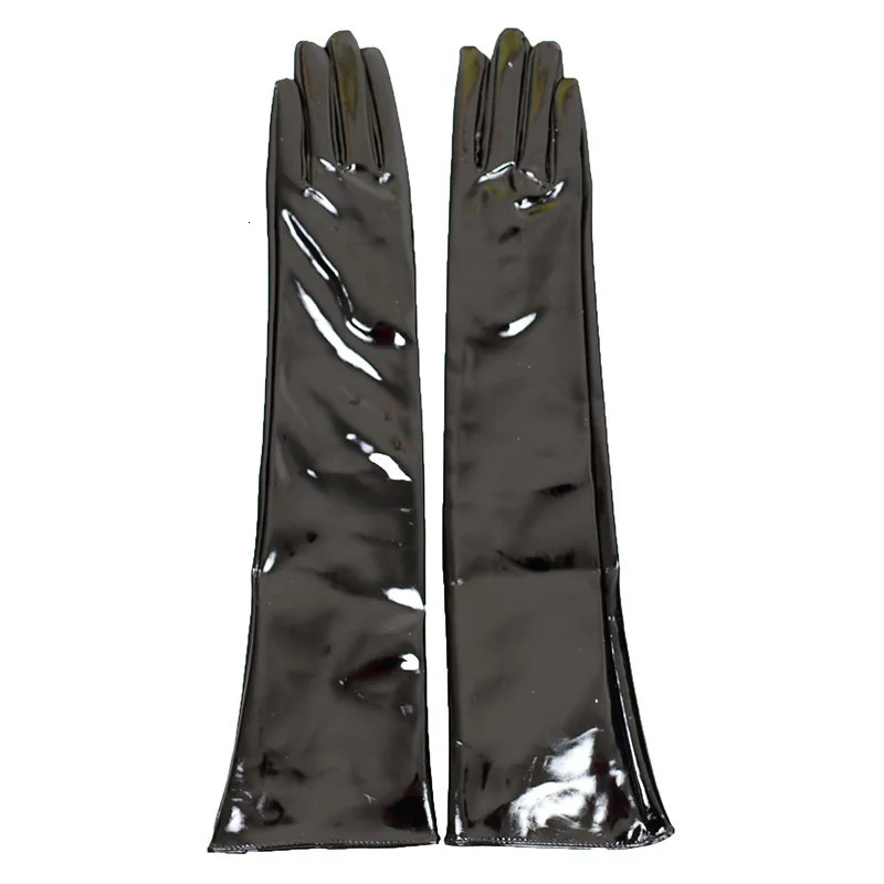 Five Fingers Gloves LATEX Leather Gloves Female Emulation Sheepskin 70cm Long Black Faux Leather Women PU Gloves Sexy Mirror Bright WPU367 231016