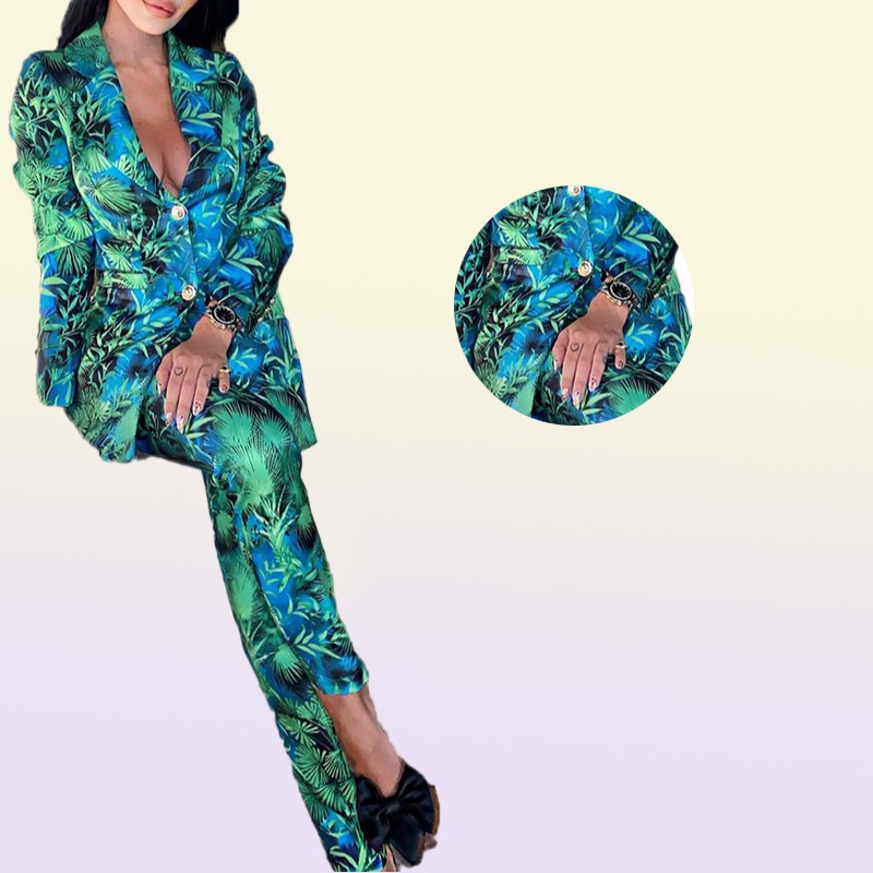 Autumn Women Pant Suits Green Jungle Print Blazer Vintage Streetwear Long Sleeve Coat and High Waist Trouser 2 Piece Set3384311