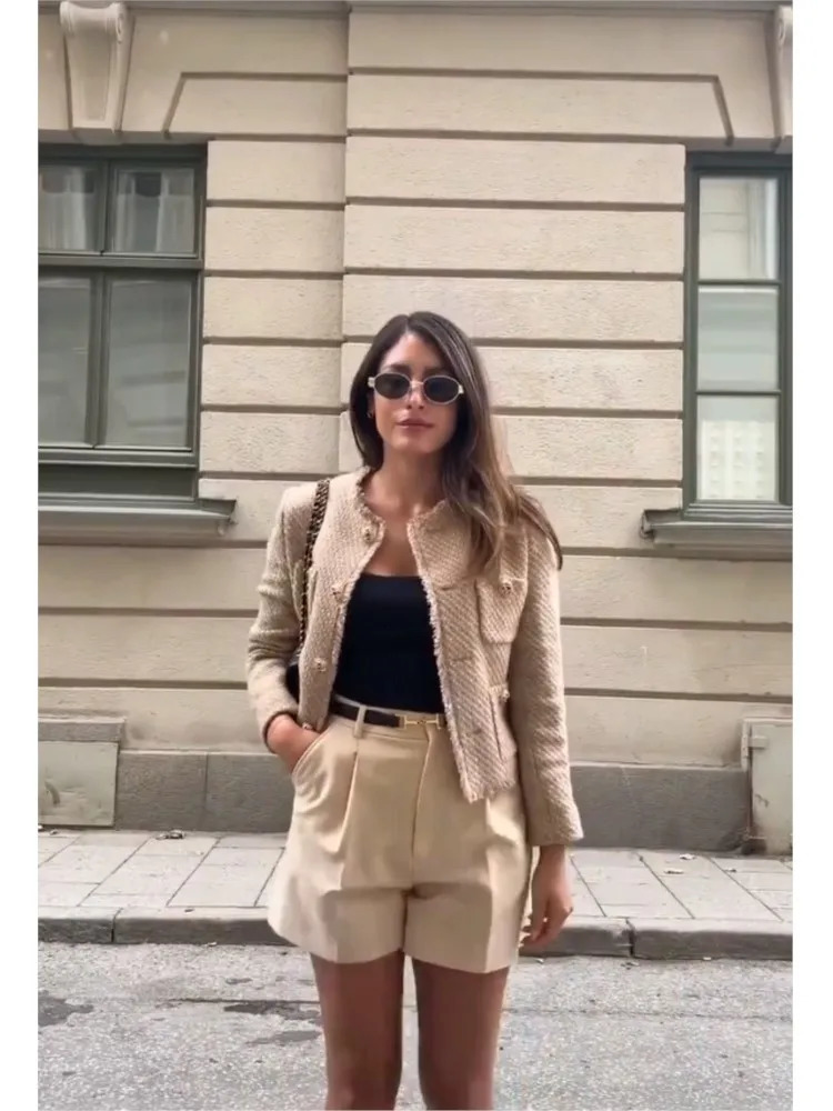 Women's Knits Tee Elegant Pockets Tweed Bomber Jackets Fashion Solid Oneck Single Breasted Warm Coats Female Autumn Chic Crop Outwear Coat 231016