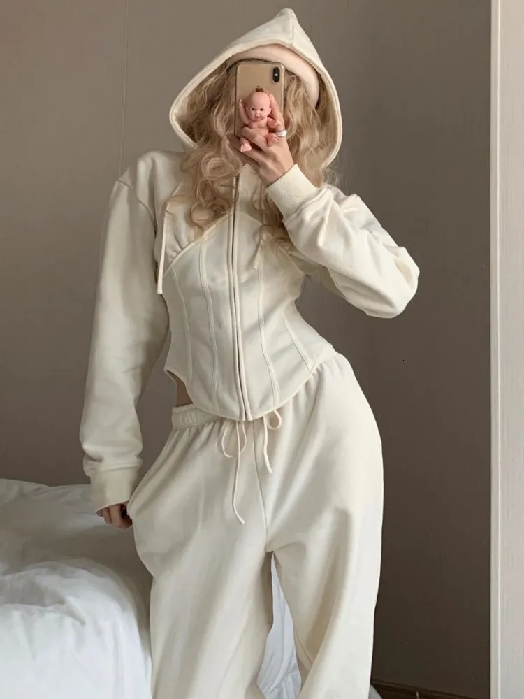 Women's Two Piece Pants Solid Hoodies Set Women Fall Casual Clothes Long Sleeve Hooded Top Trousers Matching Suit Spring Female Zipper Sportswear