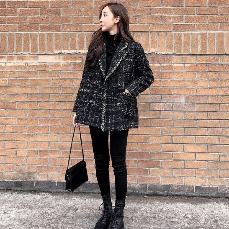 Women's Suits Blazers Vintage Plaid Tweed Blazers Women Autumn Winter Thicken Fashion Jackets Female Double Breasted Elegant Black Coats Outwear 