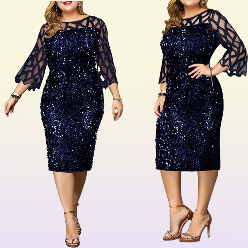 Plus Size Dresses Party Dress Ladies Midi Sequin Mesh Long Sleeve Lace Elegant Bodycon XL4XL 5XL Evening Woman Summer 20212972525