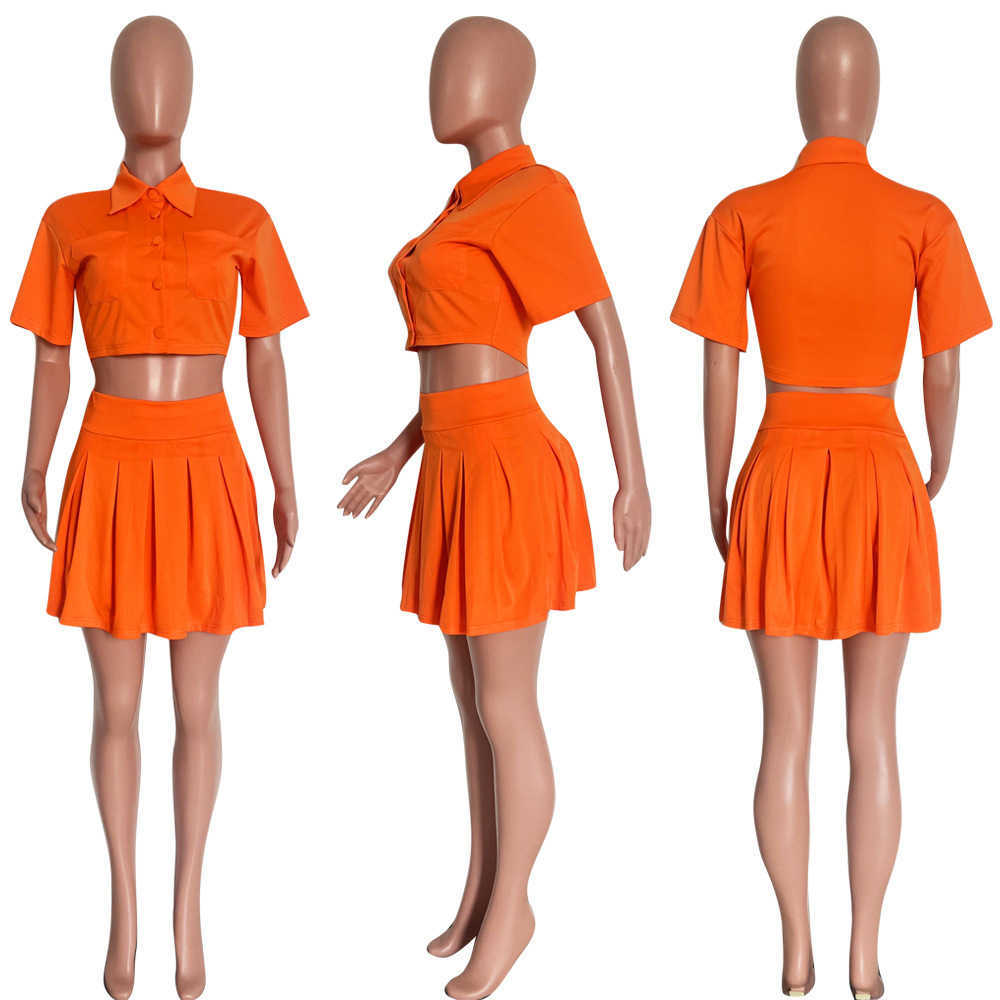 Two Piece Dress Women's Fashion Sexy Bag Cloth Buckle Short Skirt Suit With Pocket Short Sleeve Pleated Skirt Solid Color Suit T231017