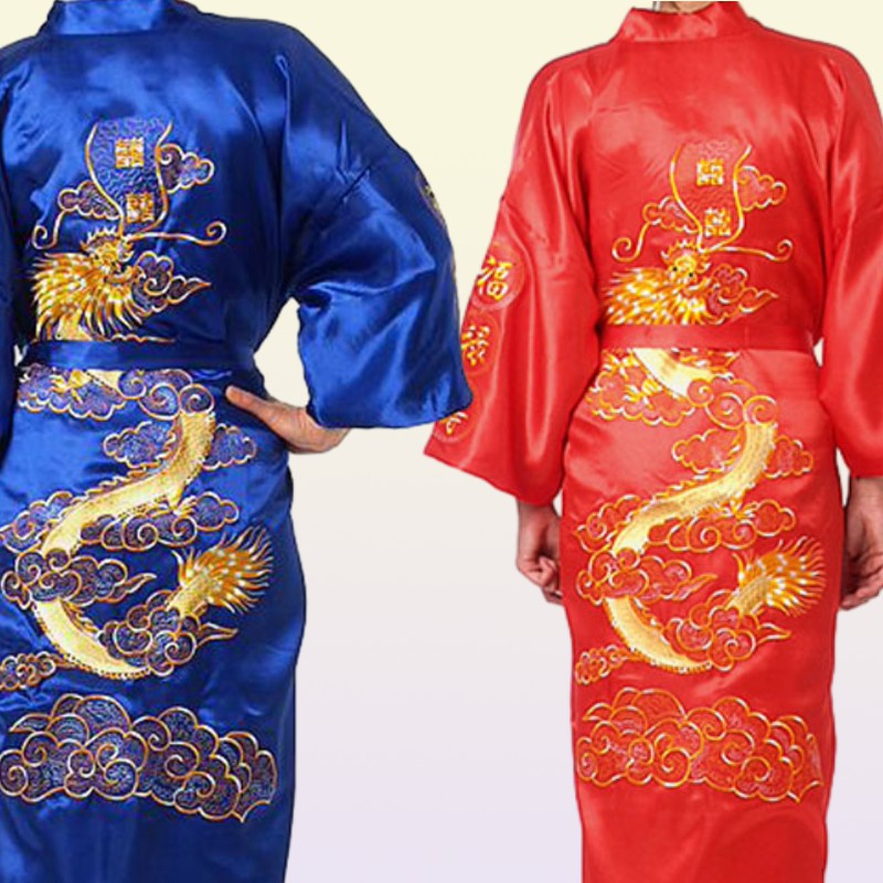 Traditional Embroidery Dragon Kimono Yukata Bath Gown Navy Blue Chinese Men Silk Satin Robe Casual Male Home Wear Nightgown1998264