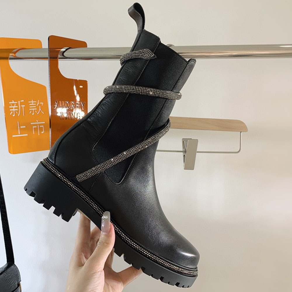 Shimmery Snake Chelsea Booties 100% Real leather Designer Women Cleo Combat Biker Boots Snake-Embellished Round-Toe Ankle Boots heavy duty luxury brands Fashion Boot