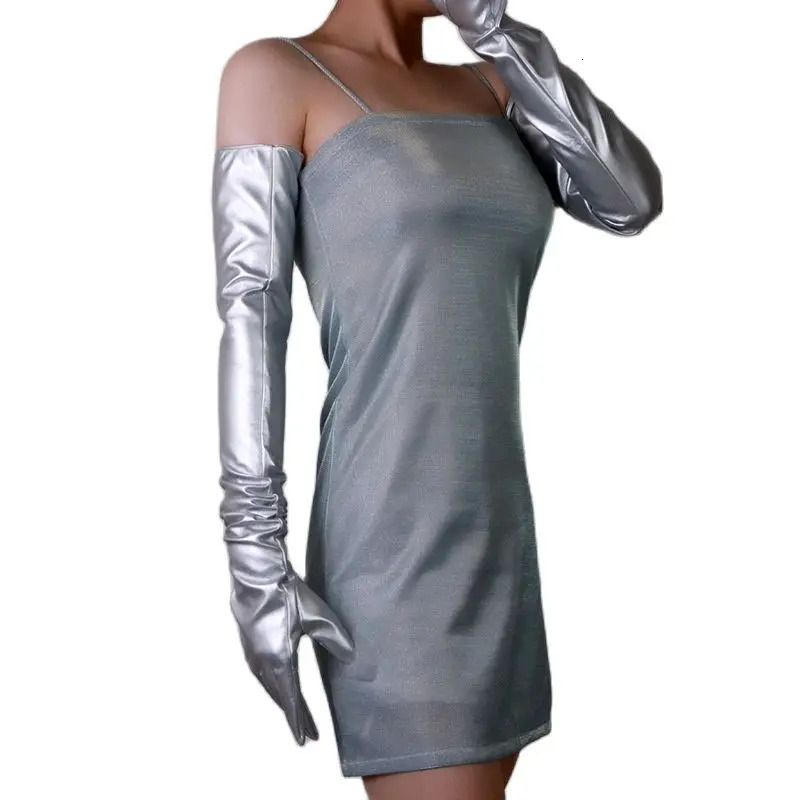 Five Fingers Gloves 70cm 28'' Long Leather Gloves Emulation Leather Slim Hand Sexy Female Patent Leather Purple Women Gloves WPU09-70 231016