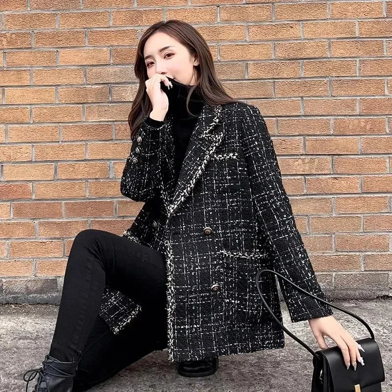 Women's Suits Blazers Vintage Plaid Tweed Blazers Women Autumn Winter Thicken Fashion Jackets Female Double Breasted Elegant Black Coats Outwear 