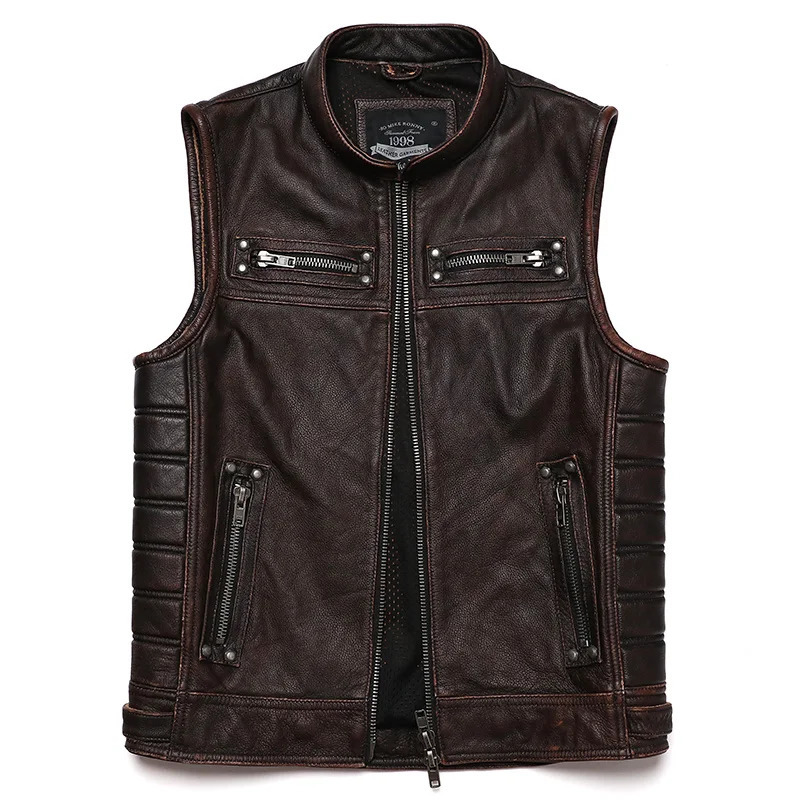 Men's Jackets Brown Vintage Real Leather Motorcycle Vest Men Cowhide Genuine Biker Waistcoat Slim Sleeveless 231016