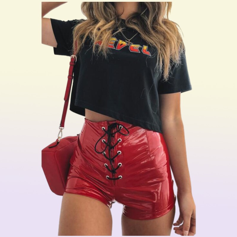Women Sexy PU Patent Leather Bandage Skinny Shorts High Waist Lace Up PVC Latex Solid Color Package Hip Shorts Capris Nightclub