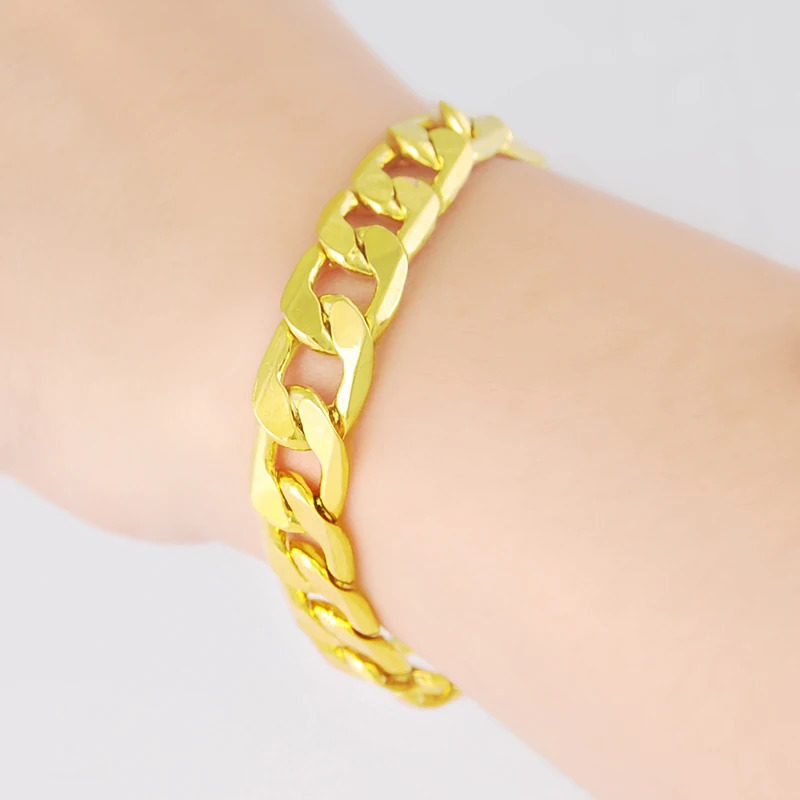 Chain Wholesale 24k Gold Filled 10MM Curb Link Chain Bracelet for Men Women 20CM LongFashion Pure Gold Color Cuban Bracelet Jewelry 231016
