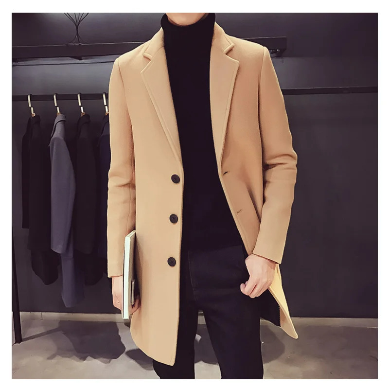 Men's Wool Blends 2023 Spring and Autumn Long Cotton Coat Blend Pure Color Casual Business Fashion Clothing Slim Windbreaker Jacket 231017