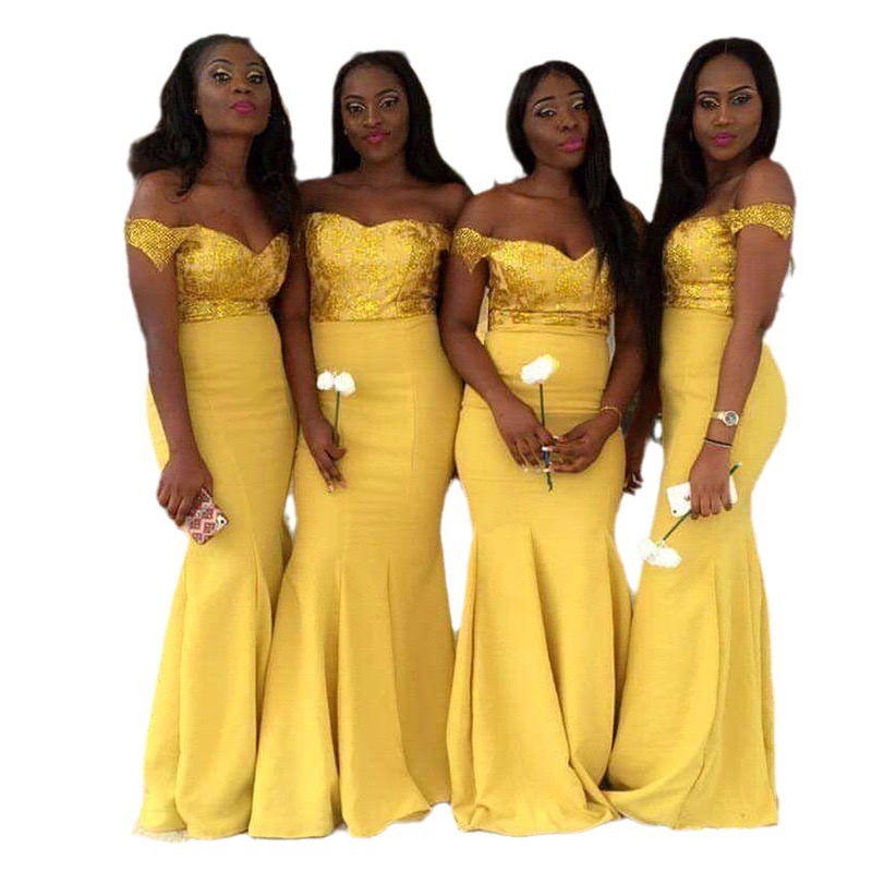 Yellow Gold Bridesmaid Dresses Mermaid Peplum Satin Ruched Pleats Elegant Off The Shoulder Sweep Train African Plus Size Made Of Honor Gown Shiny Blin