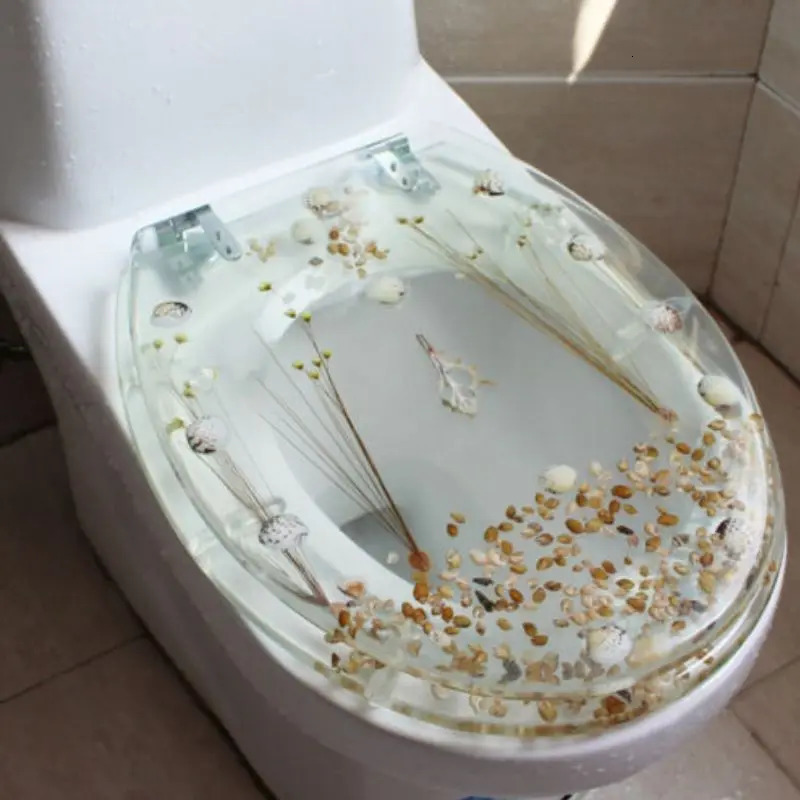Covers Resin Toilet Seat Fancy Bathroom Accessories Thickened Transparent Safety Cover with Shells and Chrome Hinge U/V Type 231013