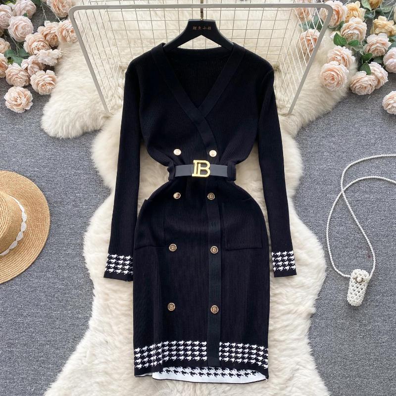 Casual Dresses Women Chic Elegant V Neck Double Breasted Long Sleeve Dress Sexy Fashion Knit Elastic Slim Hip Wrap
