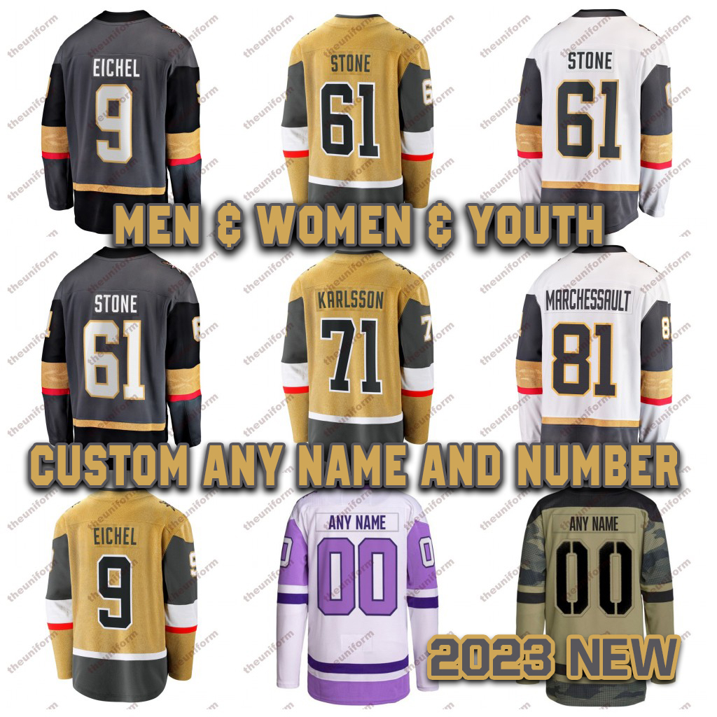 Custom Men's 71 William Karlsson Ice Hockey Jersey Vegas Stitched Womens Youth 7 Pietrangelo 9 Eichel 61 Stone 81 Marchessault Hockey Jerseys