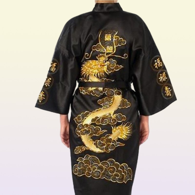 Traditional Embroidery Dragon Kimono Yukata Bath Gown Navy Blue Chinese Men Silk Satin Robe Casual Male Home Wear Nightgown1998264
