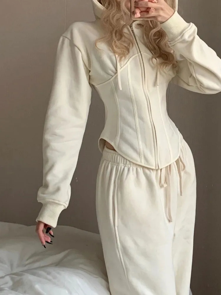 Women's Two Piece Pants Solid Hoodies Set Women Fall Casual Clothes Long Sleeve Hooded Top Trousers Matching Suit Spring Female Zipper Sportswear