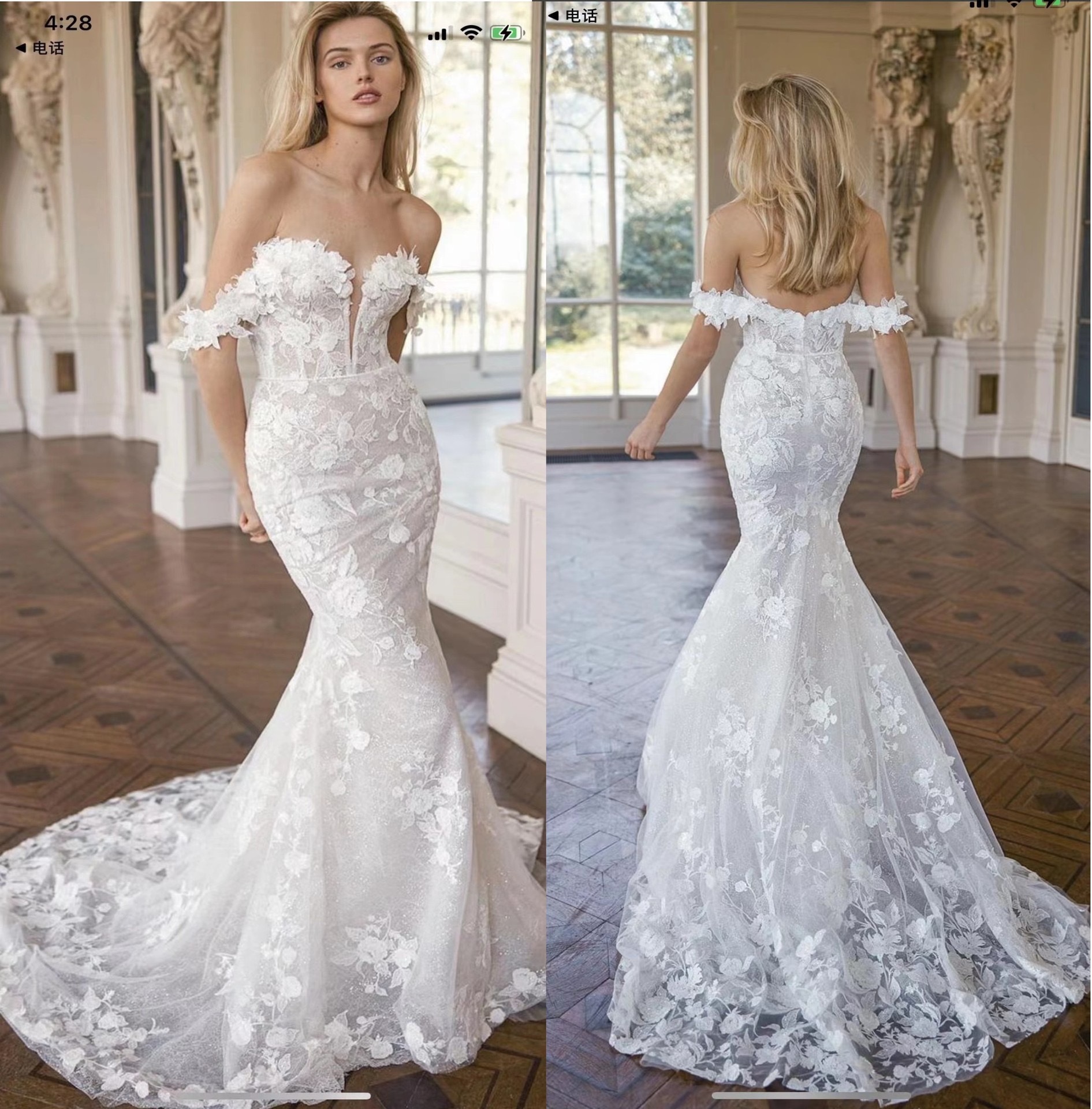 Mermaids Ory Crystals Off The Shoulder Full Elegant Beading Lace Wedding Dress Sequin Slim Deep V Style Beach Boho Shiny Gown Wed Gowns S