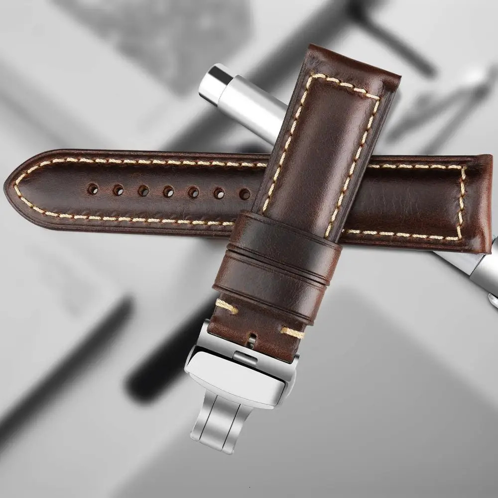 Watch Bands Maikes Handmade Genuine Leather Watchbands 18mm 20mm 22mm 24mm Universal Butterfly Buckle Watch Strap Brown Men Smart Watch Band 231016