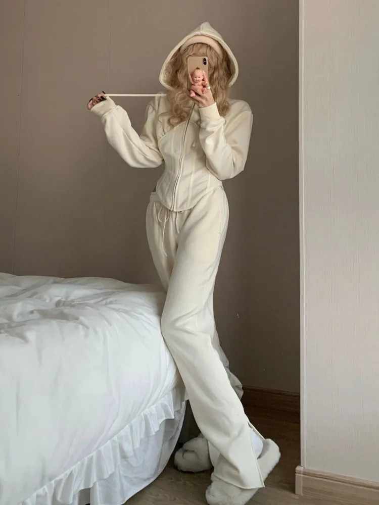 Women's Two Piece Pants Solid Hoodies Set Women Fall Casual Clothes Long Sleeve Hooded Top Trousers Matching Suit Spring Female Zipper Sportswear