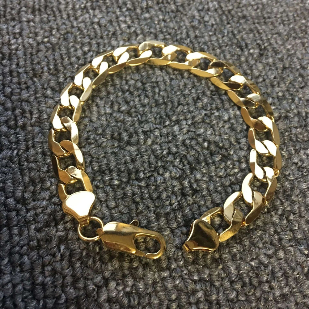 Chain Wholesale 24k Gold Filled 10MM Curb Link Chain Bracelet for Men Women 20CM LongFashion Pure Gold Color Cuban Bracelet Jewelry 231016