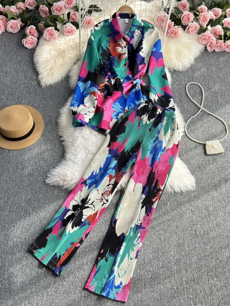 Women's Two Piece Pants 2 Sets Womens Outfits Summer Fashion Casual Set Loose Long Sleeve Shirt Printed Wide Leg