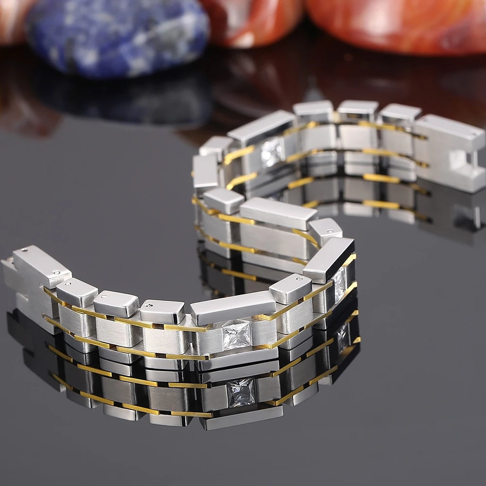 Chain Man Bracelets CZ Jewelry Birthday Gifts for Boyfriend 12MM Brushed Gold Plated Stainless Steel Chain Bracelet for Men Wholesale 231016