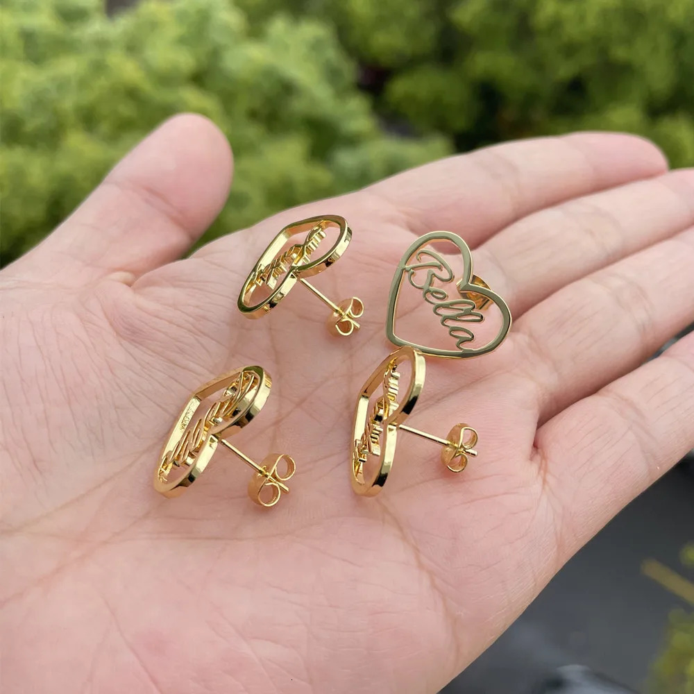 Hoop Huggie 3UMeter Heart Custom Name Stud Earrings For Girl Kid Personality Baby Cute Nameplate Earring Stainless Steel Gift 231016
