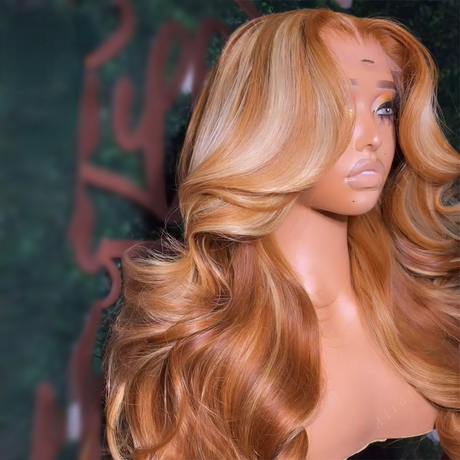 Honey Blonde Body Wave 13X4 HD Frontal Pre Plucked Highlight Color Transparent Lace Front Human Hair Wig for Women free shipping
