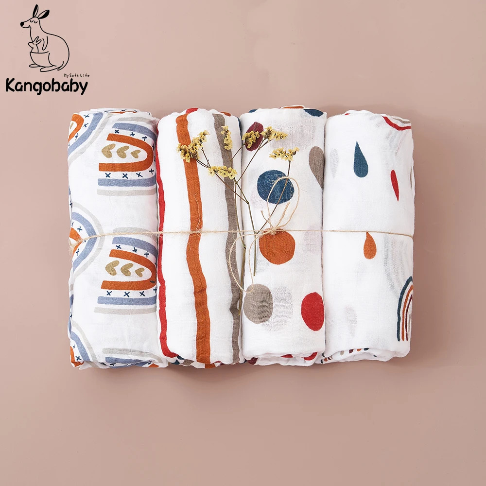 Quilts Kangobaby #My Soft Life# 4pcs Set All Season Multifunctional Baby Muslin Swaddle Blanket born Bath Towel Infant Wrap Quilt 231017