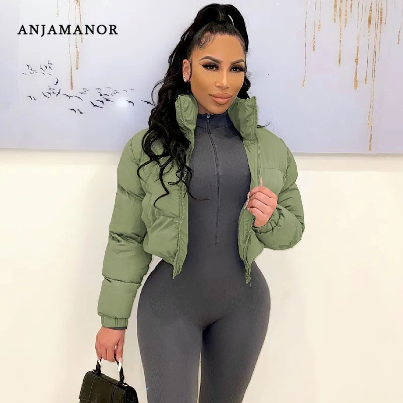 Women's Down Parkas ANJAMANOR Zip Up Turtleneck Cropped Puffer Jacket Solid Color Wholesale Winter Clothes Women Bubble Coat Outwear D48-EC72 231