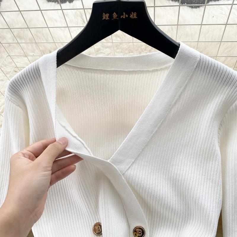 Casual Dresses Women Chic Elegant V Neck Double Breasted Long Sleeve Dress Sexy Fashion Knit Elastic Slim Hip Wrap