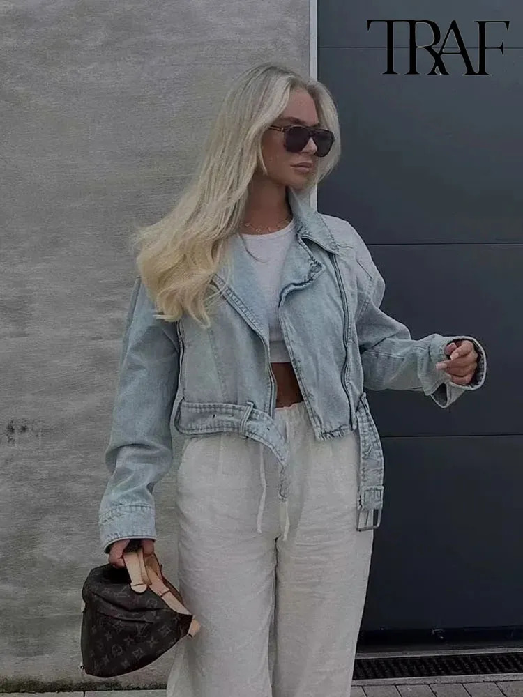 Women's Jackets Nlzgmsj TRAF Women Autumn Winter Denim Coat Lapel Long Sleeve Short Jackets Lady Chic Loose Streetwear Women Jacket 231016
