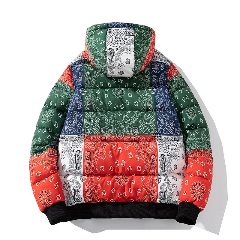 Men's Down Parkas Streetwear Warm Men cashew flower Print Patchwork Winter Jacket men Harajuku Hip Hop Loose Thick Hooded Parka 231017