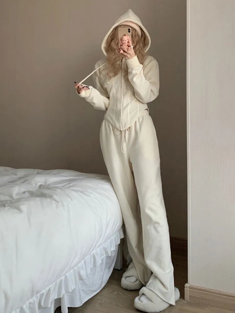 Women's Two Piece Pants Solid Hoodies Set Women Fall Casual Clothes Long Sleeve Hooded Top Trousers Matching Suit Spring Female Zipper Sportswear