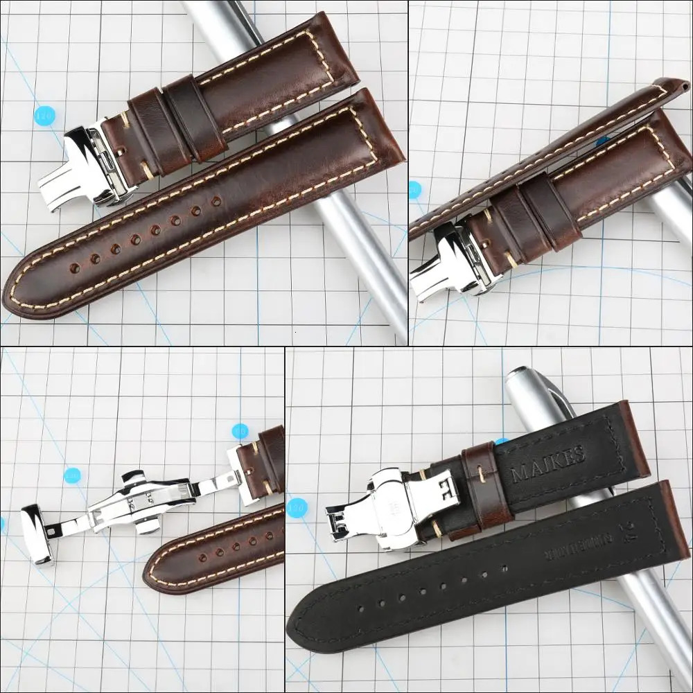 Watch Bands Maikes Handmade Genuine Leather Watchbands 18mm 20mm 22mm 24mm Universal Butterfly Buckle Watch Strap Brown Men Smart Watch Band 231016