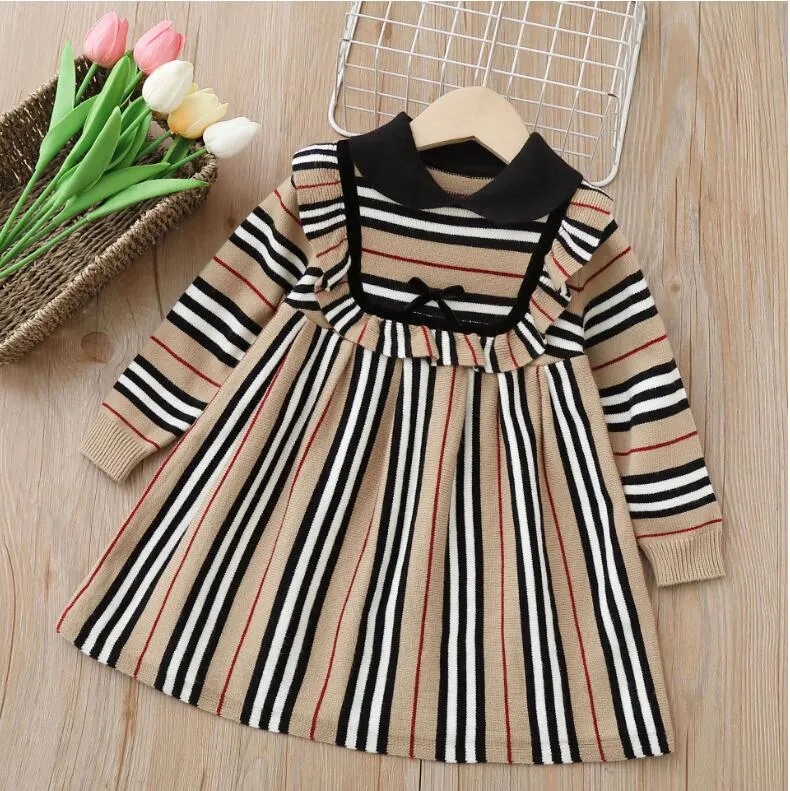 Lovely Baby Girls Striped Princess Dresses Spring Autumn Kids Knitted Dress Children Long Sleeve Dresses 2-7 Years