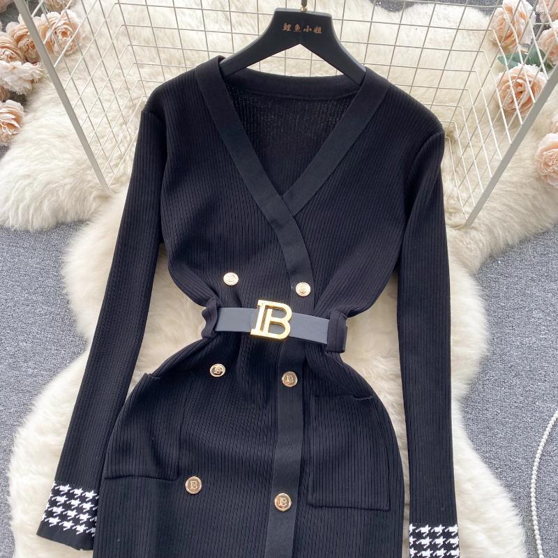 Casual Dresses Women Chic Elegant V Neck Double Breasted Long Sleeve Dress Sexy Fashion Knit Elastic Slim Hip Wrap