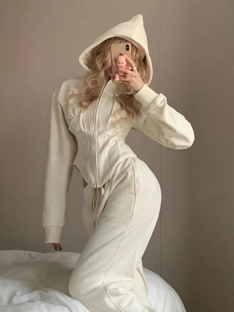 Women's Two Piece Pants Solid Hoodies Set Women Fall Casual Clothes Long Sleeve Hooded Top Trousers Matching Suit Spring Female Zipper Sportswear