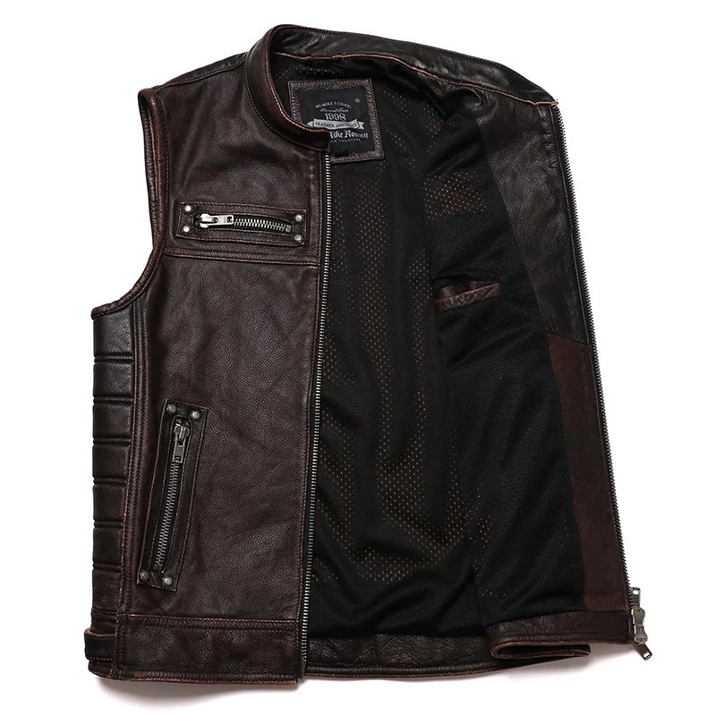 Men's Jackets Brown Vintage Real Leather Motorcycle Vest Men Cowhide Genuine Biker Waistcoat Slim Sleeveless 231016
