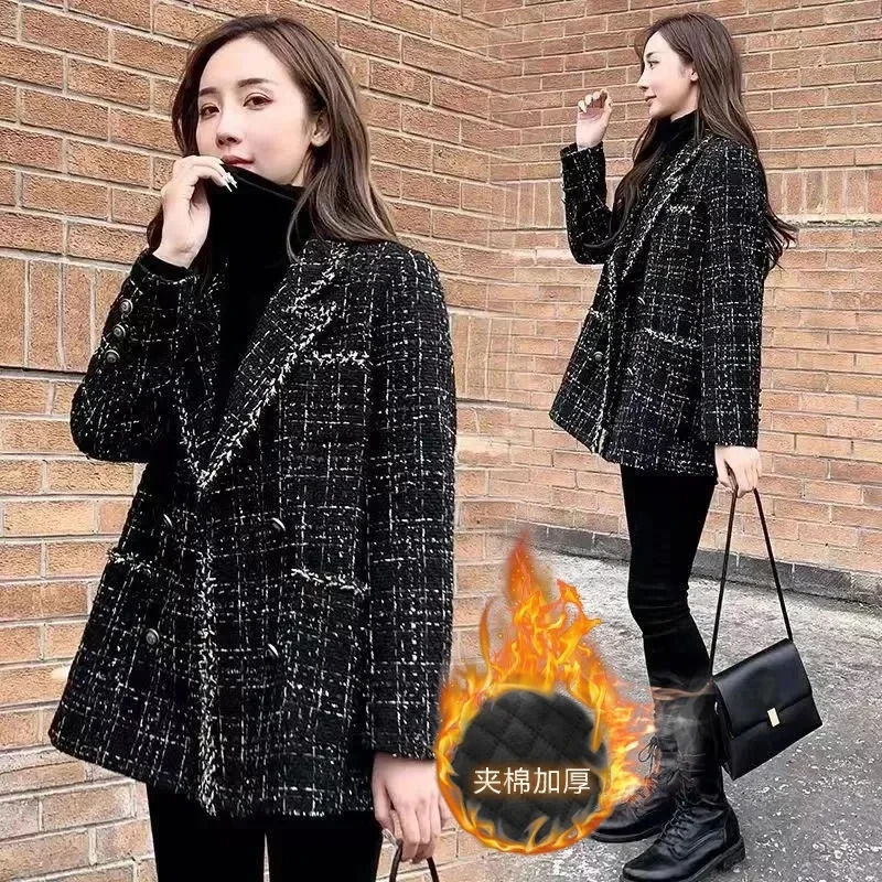 Women's Suits Blazers Vintage Plaid Tweed Blazers Women Autumn Winter Thicken Fashion Jackets Female Double Breasted Elegant Black Coats Outwear 