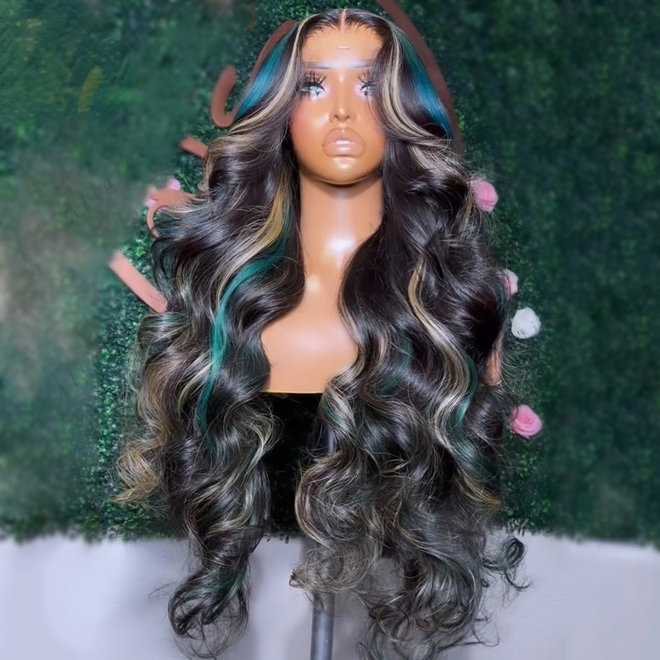 Free shipping Brazilian Hair Blue Highlight Blonde Color Transparent Frontal 13x4 Body Wave Lace Front Wigs PrePlucked Wig for Black Women